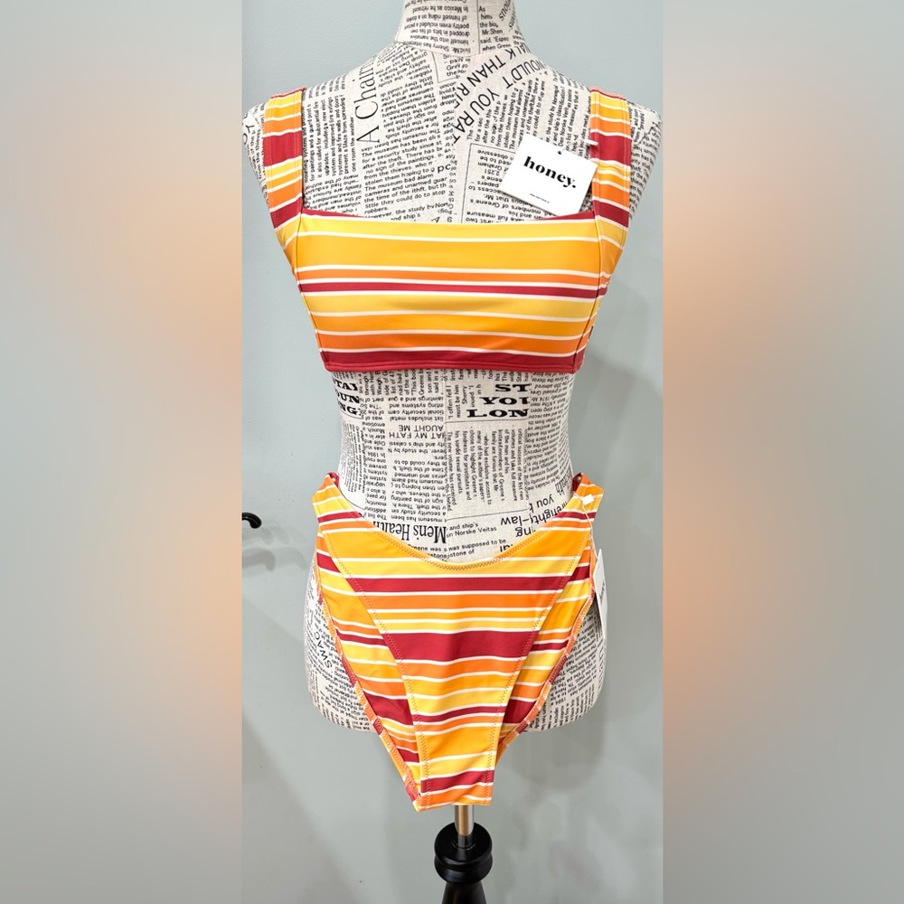 Honey Swim Sunset Red Yellow Oranges Stripes Bikini Top Wide Strap L Bottoms XL